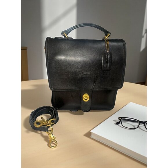 VTG Coach Station Bag 5130 Black Leather Brass Crossbody Satchel 90s USA + Tag - Picture 1 of 8